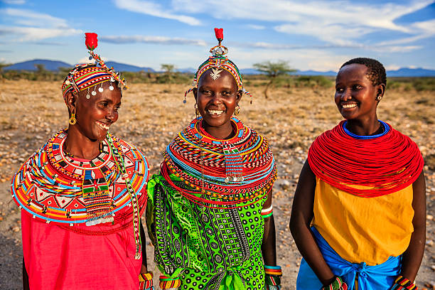 Group of African women from Samburu tribe, central Kenya, Africa. Samburu tribe is one of the biggest tribes of north-central Kenya, and they are related to the Maasai.